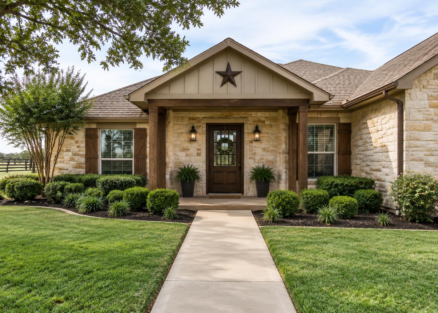Freshly maintained front entry and landscaping of a Texas home